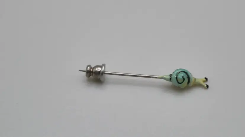 Tiny Vintage 60's Snail Enameled Stick Pin UV Glow Lapel Hat Mini Mollusk Animal Hand Painted 1.5"
