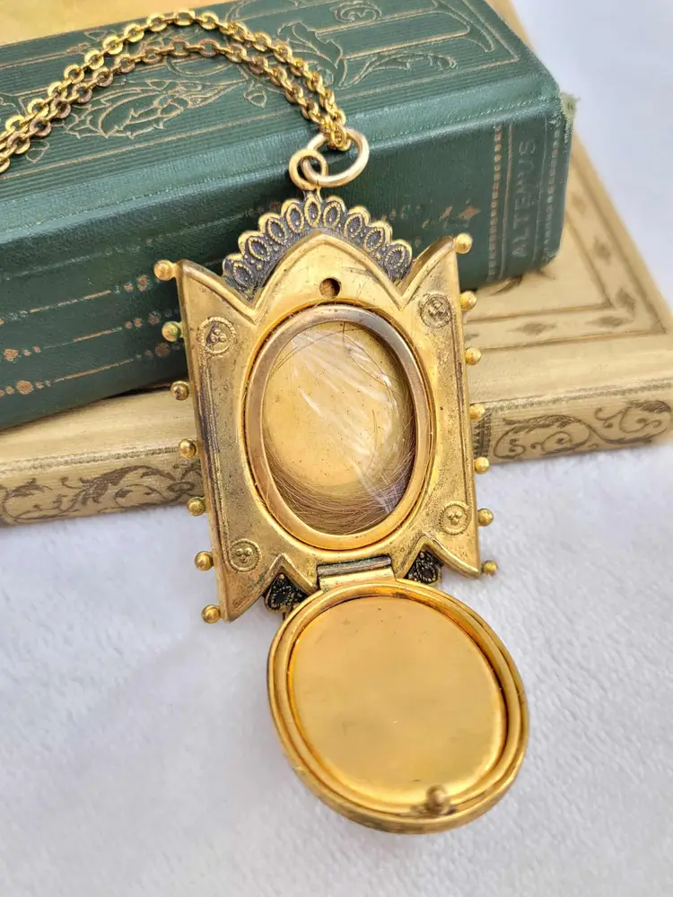 Antique Onyx Mourning Hair Locket Gold Filled Pendant Necklace Victorian Mori