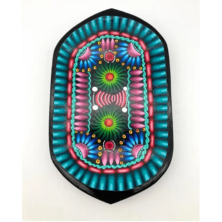 BIN - Tigua Ecuador Folk Art Wooden Tray Or Trinket Dish 8”