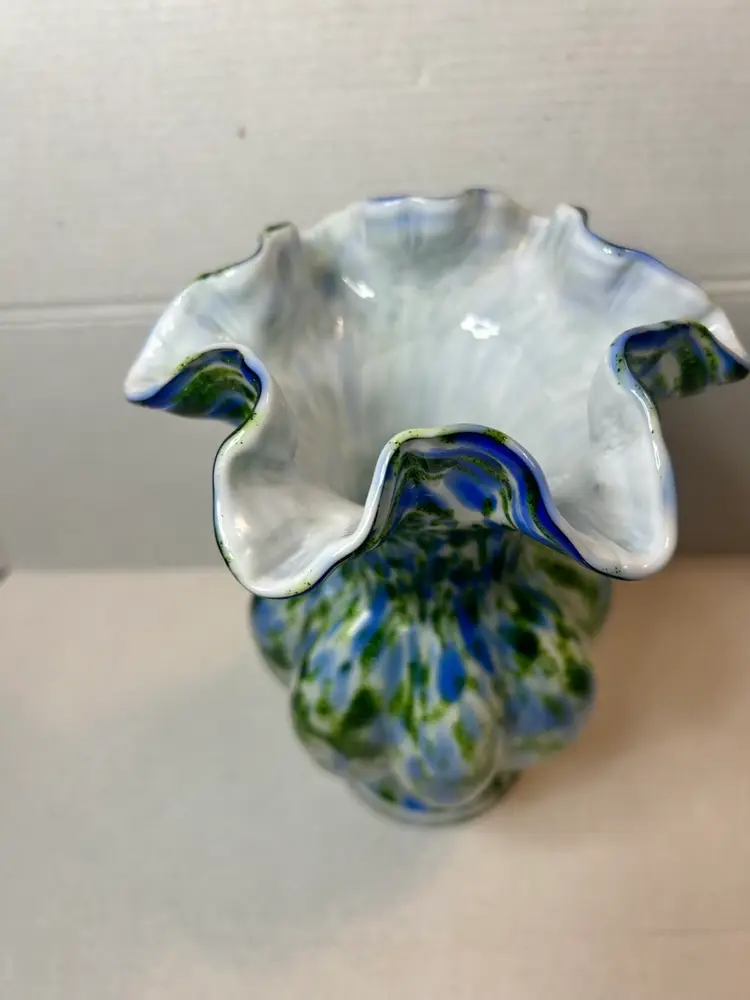 Gorgeous Green & Blue Encased Glitter Ruffle Top White Interior Glass Vase