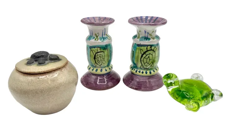 🎄For the Turtle Lover🎄 Pottery Candlesticks, Trinket Jar, Glass Paperweight