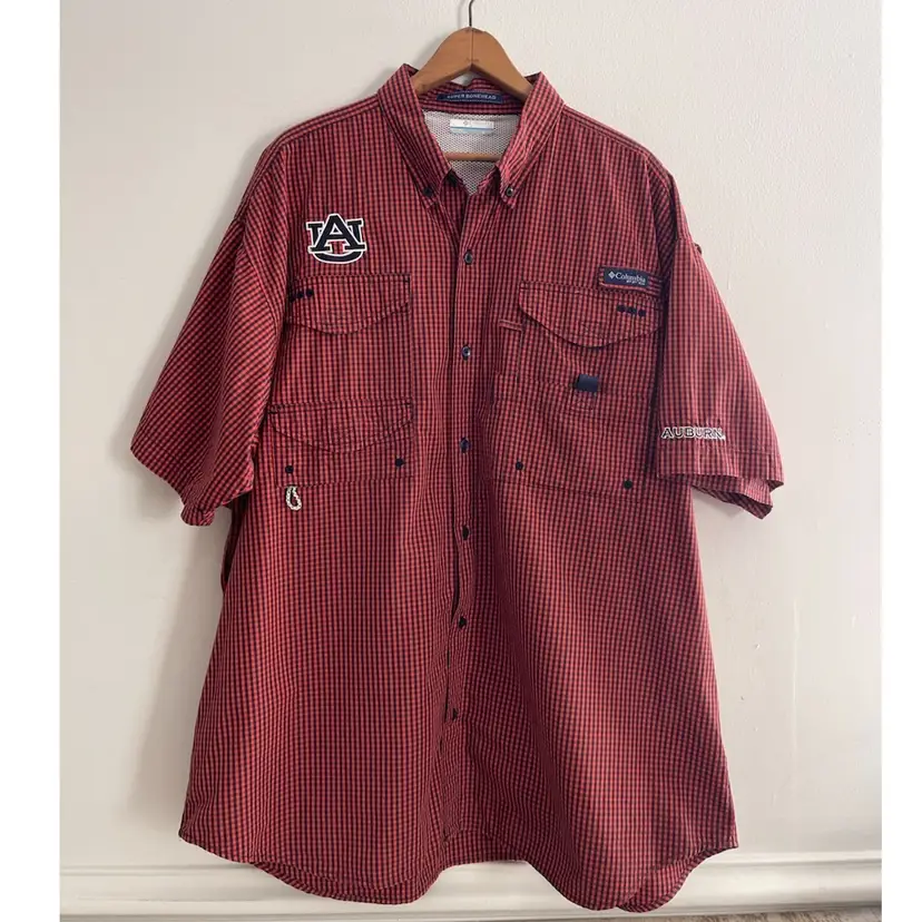 Auburn Columbia PFG Shirt Navy Orange Check XLT Omnishade Super Bonehead Fishing