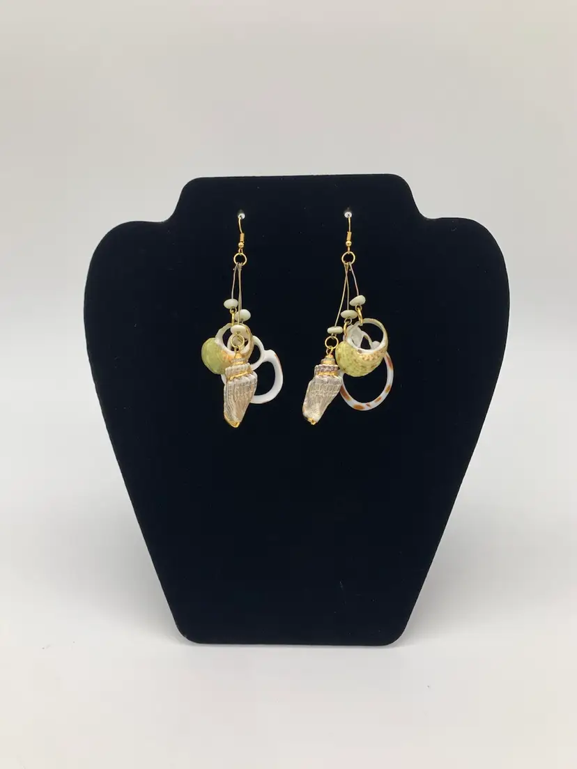 Vtg.Handmade Nautical Natural Shell Polished Nuggets Dangle Earrings Gold Accent