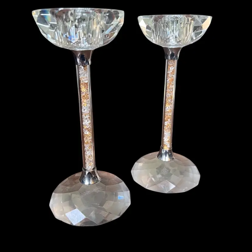 Set Of 2 Oleg Cassini Signed Clear And Gold Crystals Candle Sticks