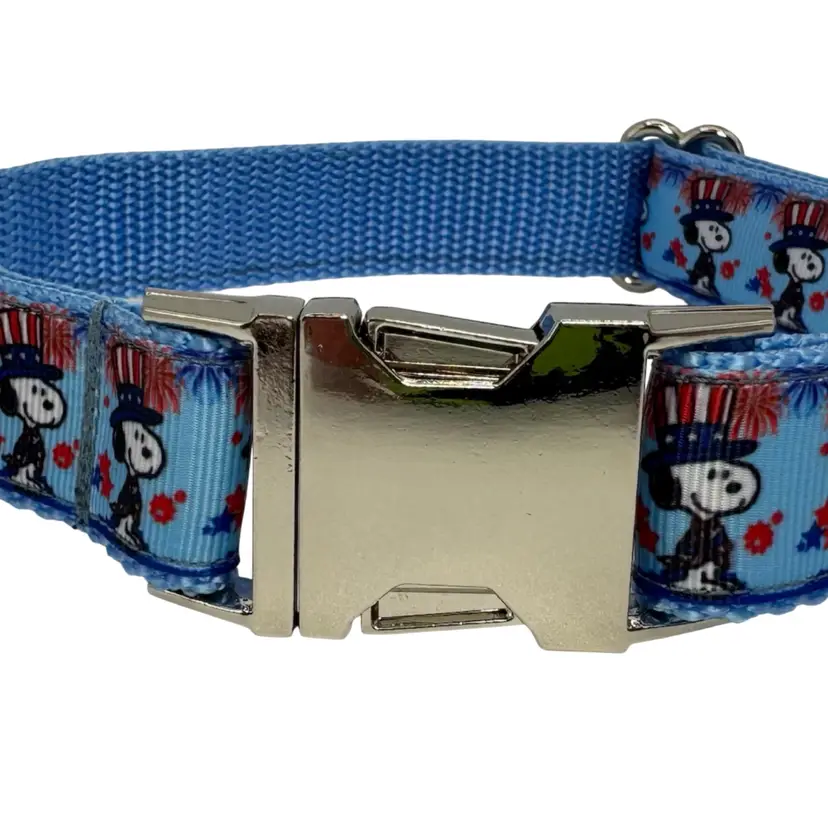 Dog Collar Blue Snoopy Peanuts 4th Of July Large Handmade Heavy Duty Metal Buckle New