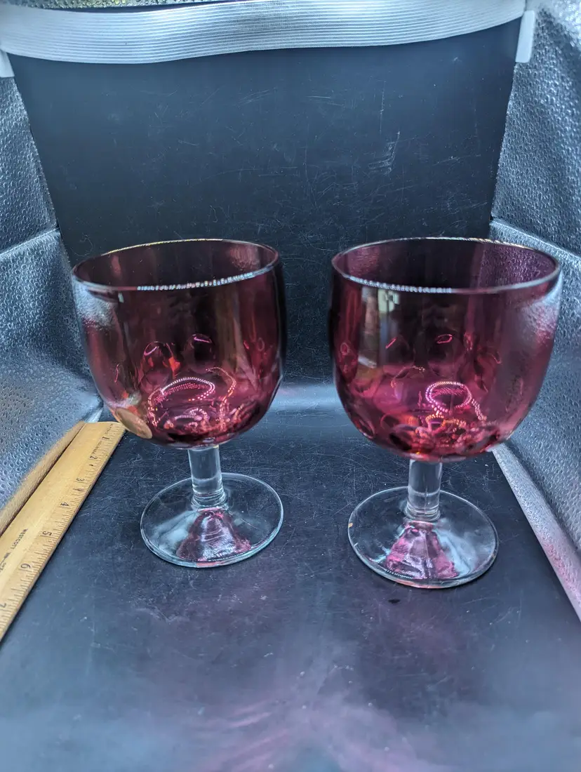Vintage Set Of 2 Ruby Red Glass Thumbprint Goblets Possibly Bartlett Collins