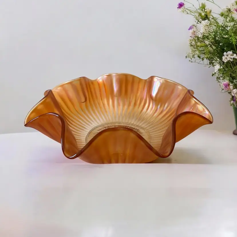1908 Northwood Smooth Rays Ruffled Marigold Carnival Glass Large Bowl, orange iridescent collectible glass bowl. 10" in diameter. 3.25" tall
