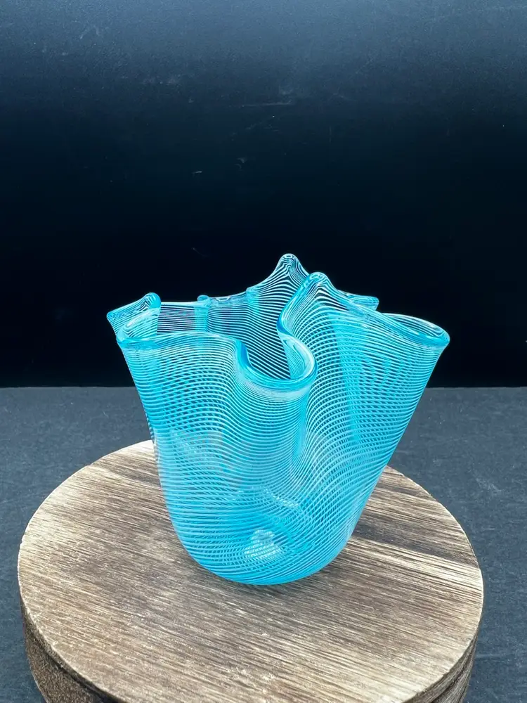 #462B  Vintage Murano Fazzolatto Small Blue And White Striped Blown Glass Handkerchief Vase