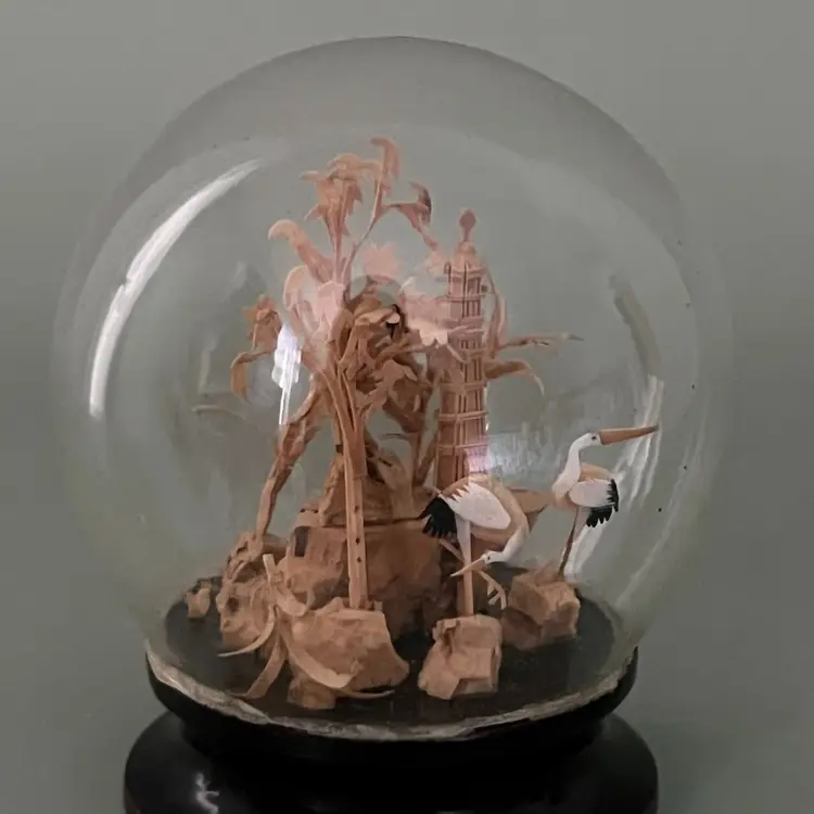 Vintage 1950s Chinese Handcrafted Corkwood Diorama In Glass Dome