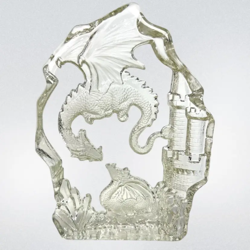 Dragons & Castle 7” Crystal Art Glass Fantasy Inspired Paperweight Bookend Sculpture. 3D Effect. Large & Heavy!