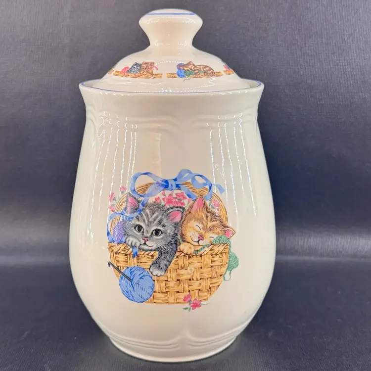 #01 Vintage Kittens Purrfect Friends Cat Collection Tienshan Stoneware Canister