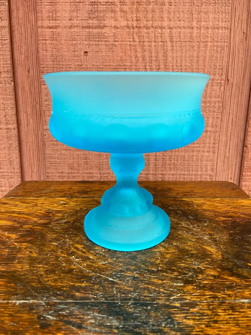 Indiana Glass, Kings Crown Pattern, Blue Satin / Frosted Glass Compote. 5.25”h. *Read