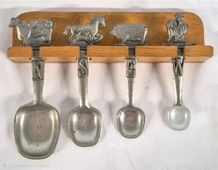Seagull Pewter Measuring Spoons NSEW with Cow Horse Pig and Rooster Hanging Wooden Holder