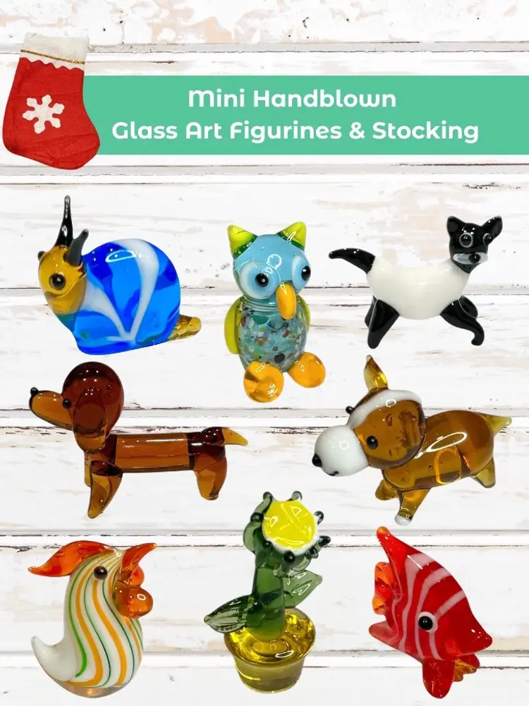 Mini Handblown Art Glass Figurines With Mini Christmas Stocking! 