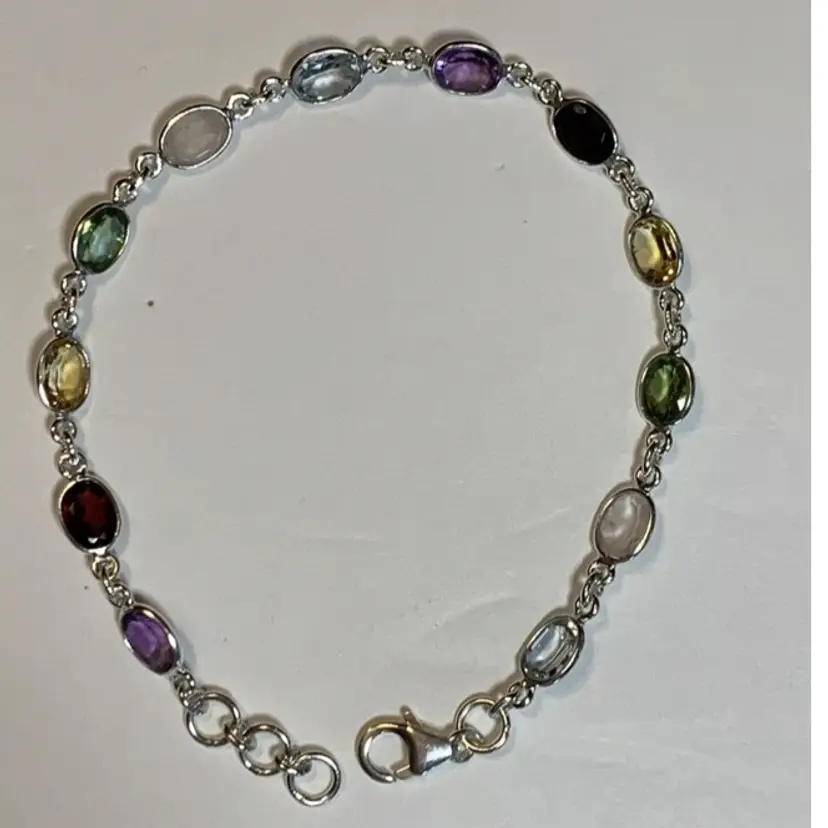 Semi Precious Gems Tennis Bracelet Sterling Silver up to 8” 5.8 Grams