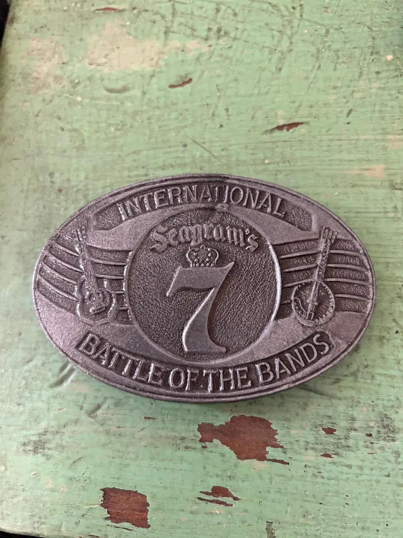 Vintage Seagrams 7 Belt Buckle. Large Metal Belt Buckle. International Battle of the Bands Liquor Advertising Cowboy Buckle