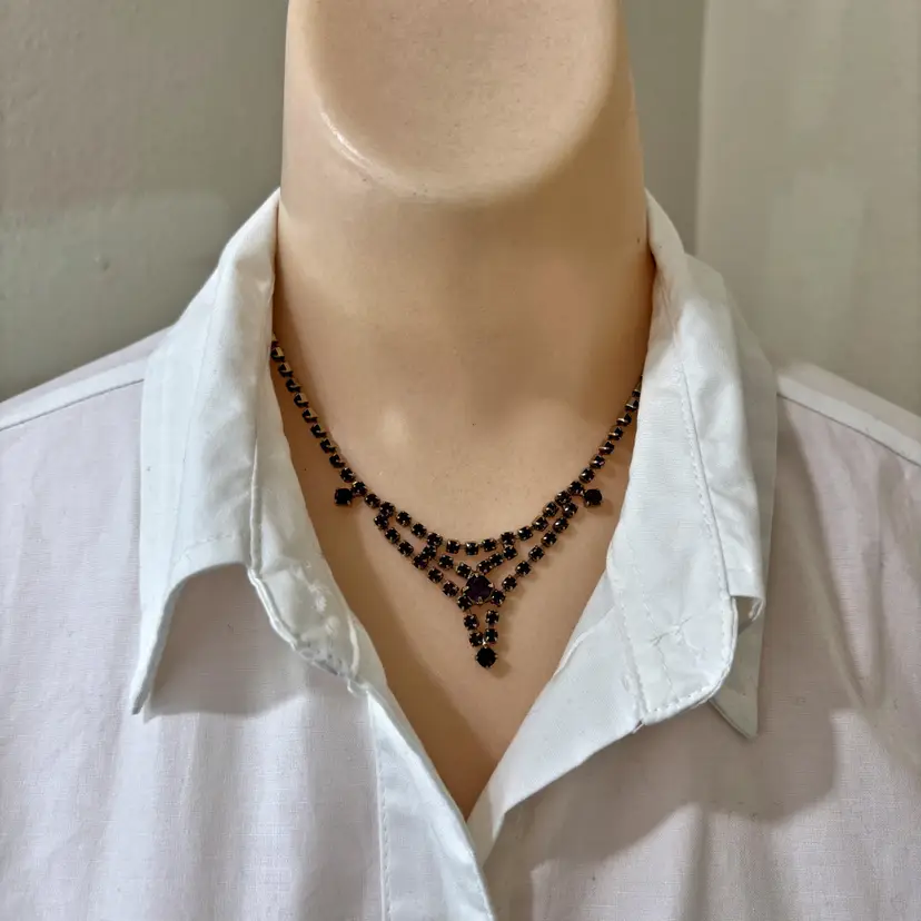 Purple Rhinestone Princess Choker Necklace 1950s Hollywood Glam Mid Century Vintage