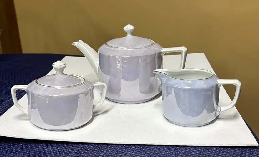 Wilhelm Liebmann Sitzendorf Iridescent Teapot Creamer Sugar Bowl 1918-1920