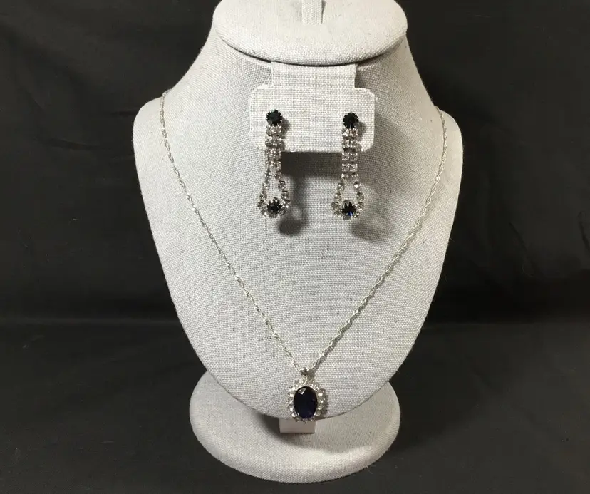 Formal jewelry set, 20", blue and clear rhinestones, silver tone, new necklace, vintage earrings