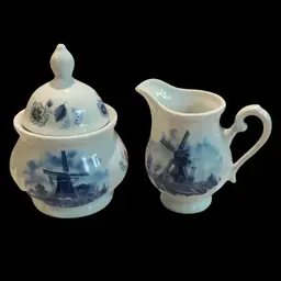Vintage Delf Mini / Small Blue Style Ceramic Lidded Sugar Bowl & Creamer / Pitcher. In Beautiful Traditional Hand Painted Windmill And Floral Flowers. Signed Made In Holland. Ter Steege BV. Delf. Blauw. Hand decorated.