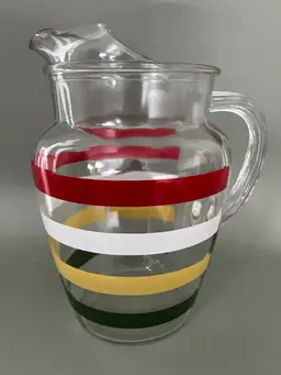 Vintage Anchor Hocking Fiesta Stripes Pitcher: Multicolored Glass Ice Lip