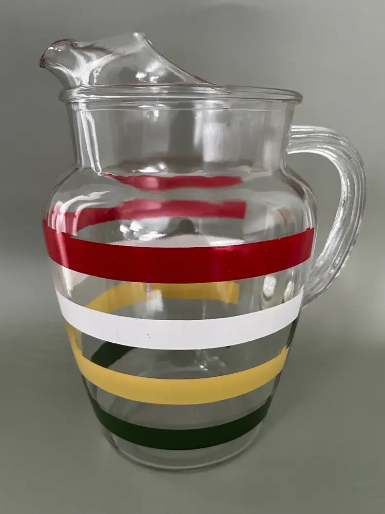 Vintage Anchor Hocking Fiesta Stripes Pitcher: Multicolored Glass Ice Lip