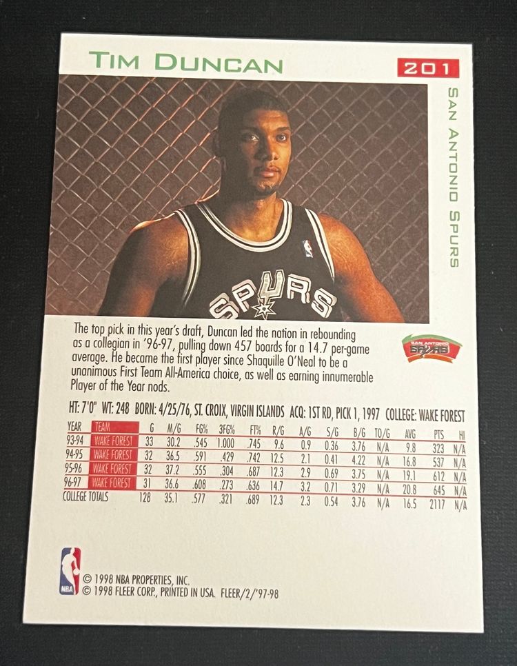 Tim Duncan 1997-98 Fleer #201 Rookie RC San Antonio Spurs