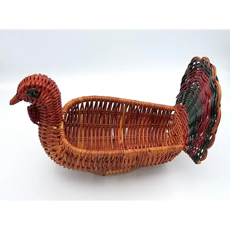 Vintage Turkey Multicolor Wicker Basket Thanksgiving Holiday Figural Woven