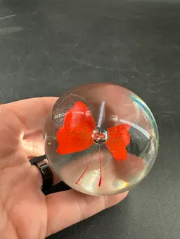 #4 Paperweight. Red Butterfly. Round. 2.5” Tall. **HAS A COUPKE INSIDE BLEMISHES AND SCRATCHES **
