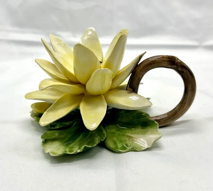 Nuova Capodimonte Italian Porcelain Yellow Water Lily Lotus with Handle
