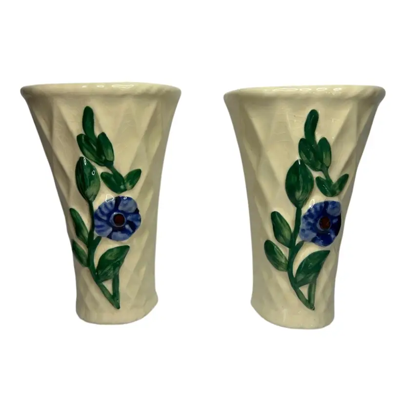 Vintage Morton Pottery Ceramic Pair Of 
7 1/2 “ Tall Blue And Green Floral Wall Pockets Some Crazing 1950’s