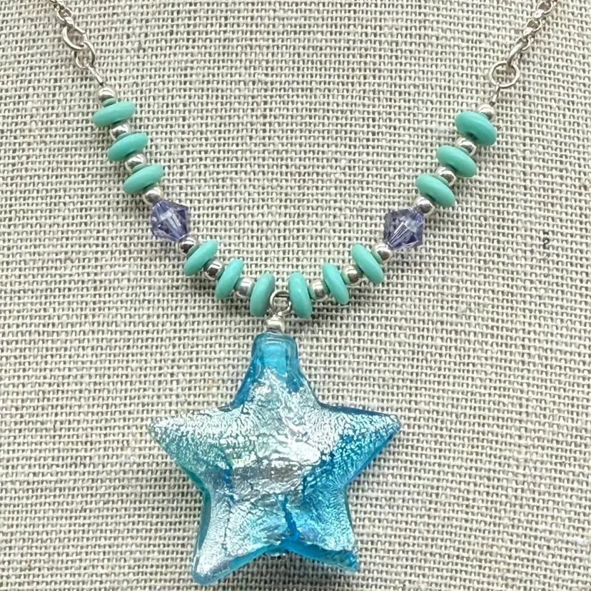 Turquoise Blue Silver Dichroic Glass Star Pendant 925 Sterling Necklace 16” To 18”