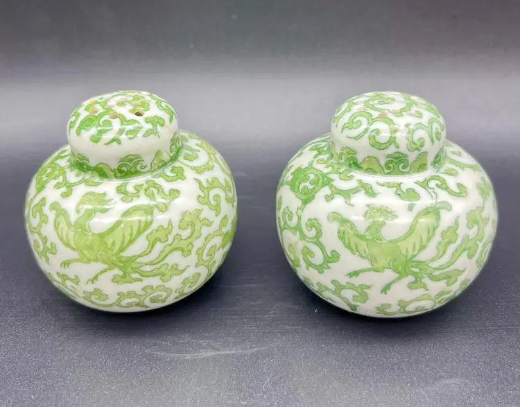 Vintage Celedon shakers with Lotus and Rooster pattern. Kk