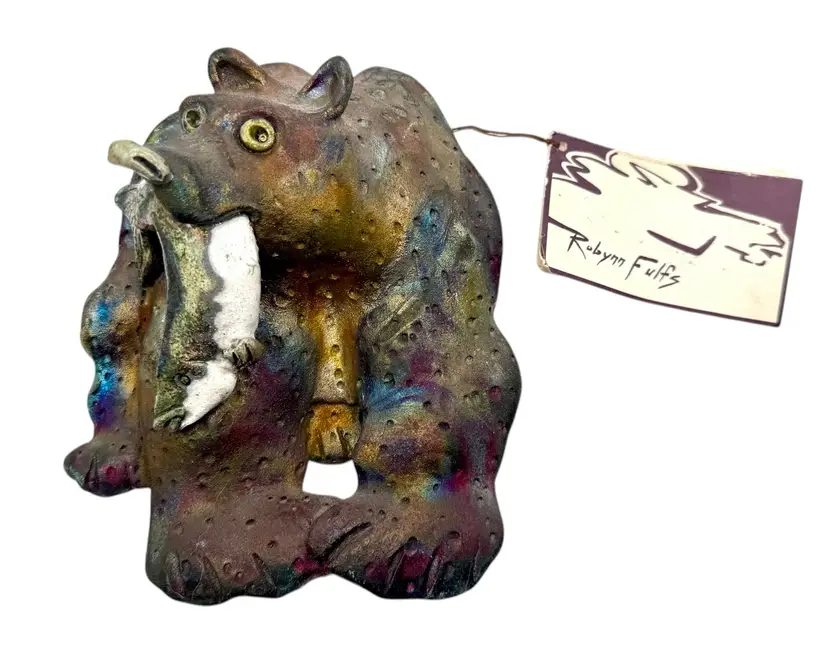 Signed Robynn Fulfs Raku Art Pottery Grizzly Bear Salmon Fish Wall Sculpture 7”