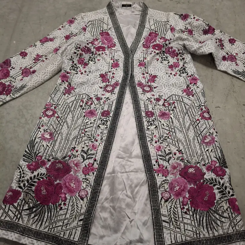 Embroidered Floral White & Pink Long Open Front Jacket By Sapphire Size M
