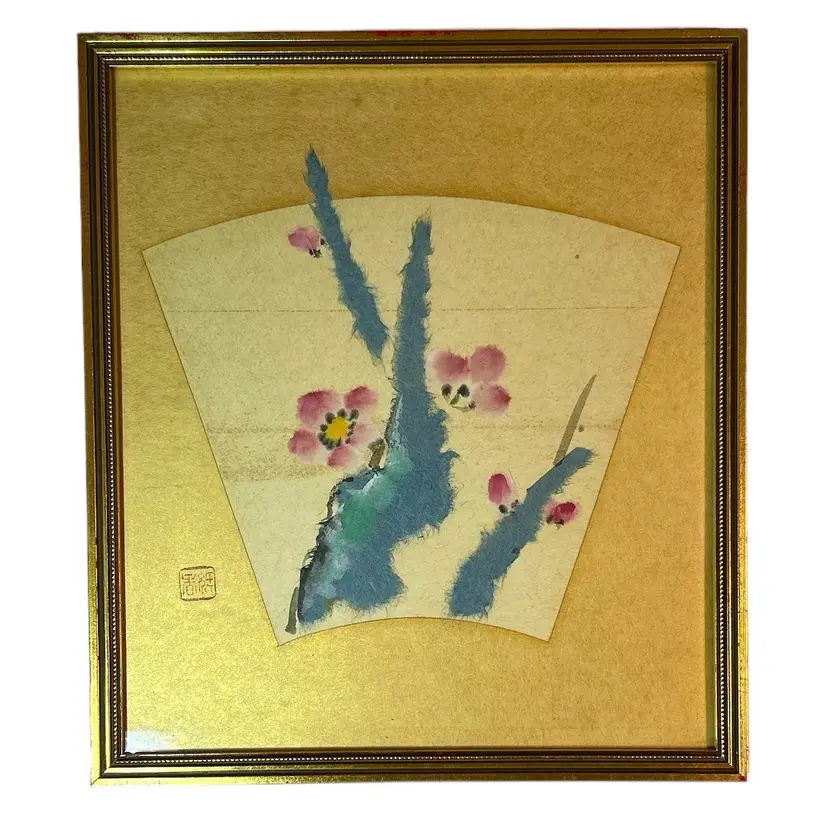 Vintage Gold and Red Framed Japanese Hand Crafted Watercolor Painting