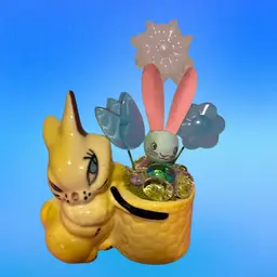 Yellow Vtg Bunny Toothpick Holder With Handmade Flowers