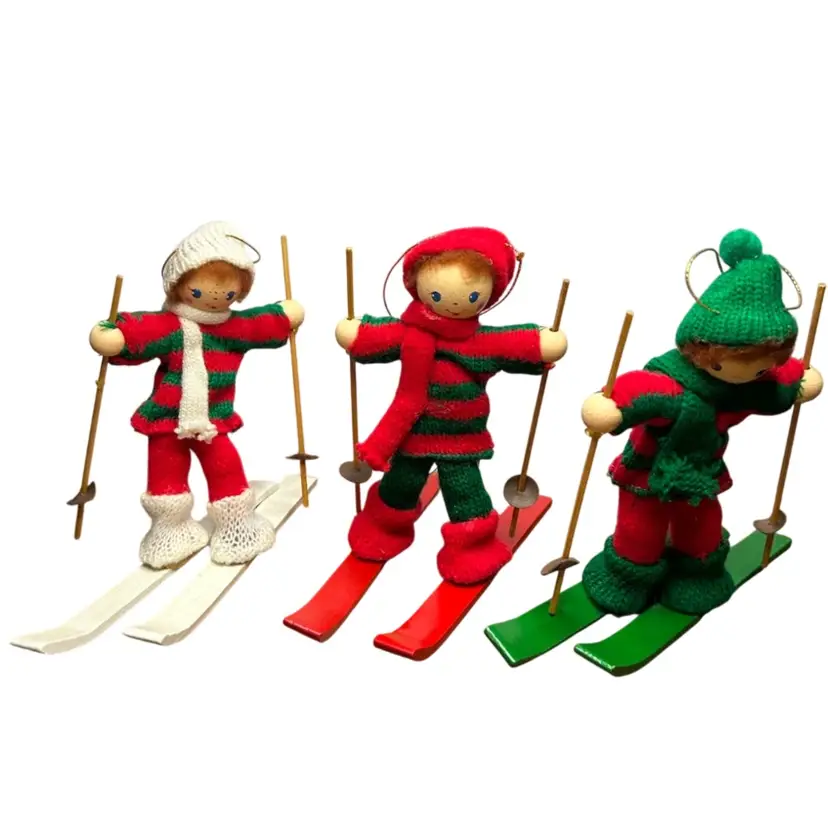 Set Of Three Vintage Made In Taiwan ROC Wooden Faced Skiers @6 1/2” Tall