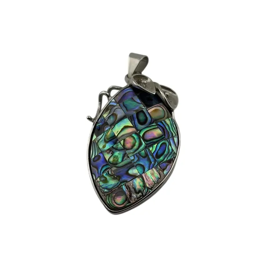 Silver Tone Abalone Shell Pendent With Calla Lilys And Swirl