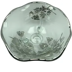 Silver Overlay Poppy flowers Ruffled Rim Footed Glass Candy Bowl by Silver City
