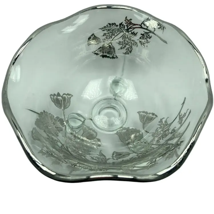 Silver Overlay Poppy flowers Ruffled Rim Footed Glass Candy Bowl by Silver City