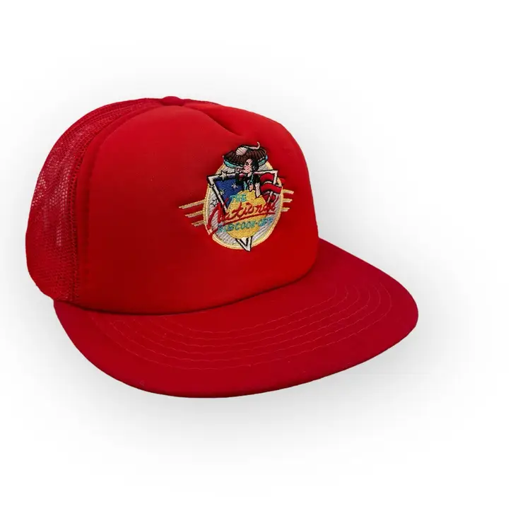 Vintage Red Mesh Snapback Hat with The National Cook Off Embroidery 