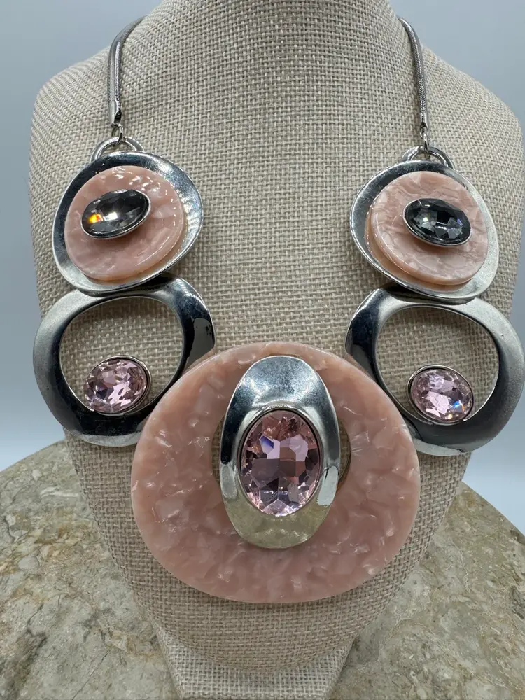 # 2 Sliver Tone Pink Glass Stone & Acrylic Statement Necklace 16” W/ 3” Extender