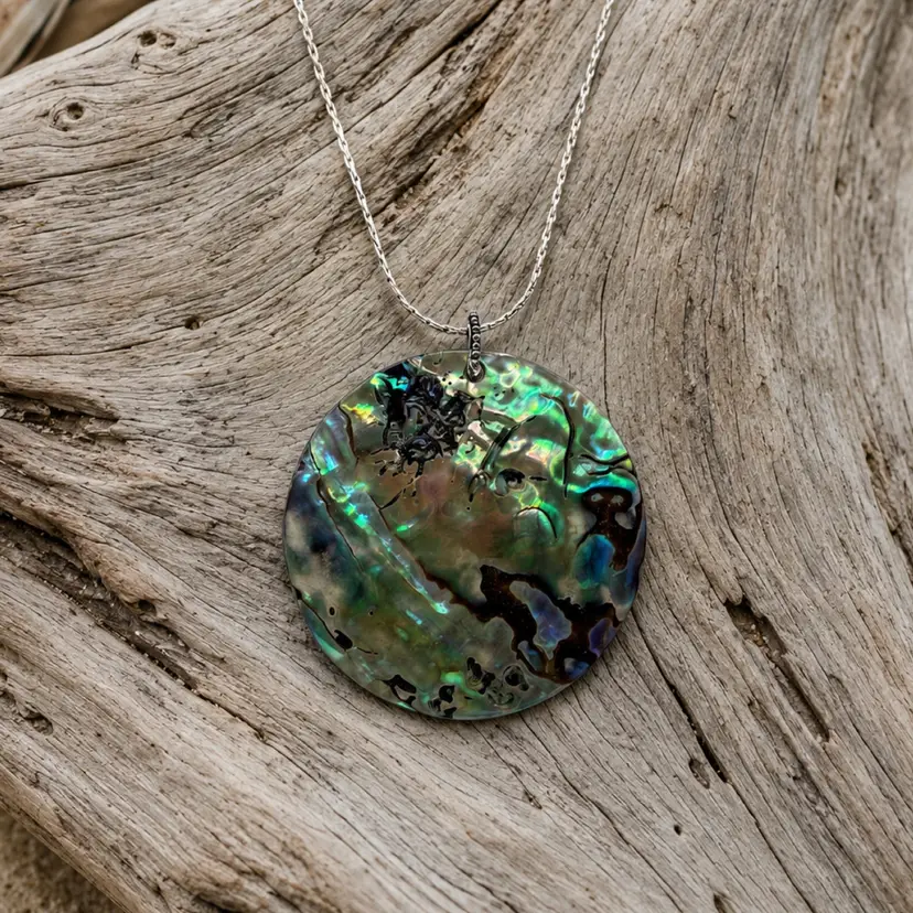 Vintage Roman Abalone Shell Disc Pendant & Silver Tone Necklace - About 16”