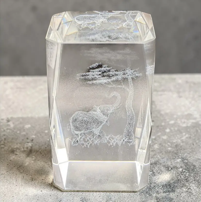 3 D Laser Etched Glass Crystal Block Elephant Trunk Up Under Tree Paperweight