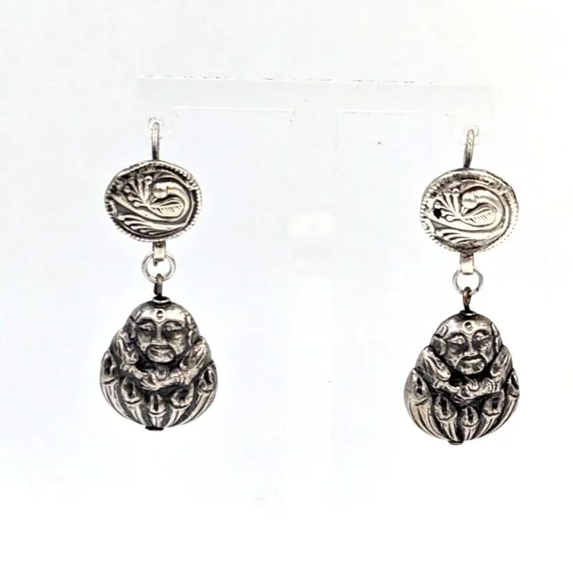 Sterling Silver Buddha/Monk Figure And Bird Earrings Dangle Vintage Asian Style