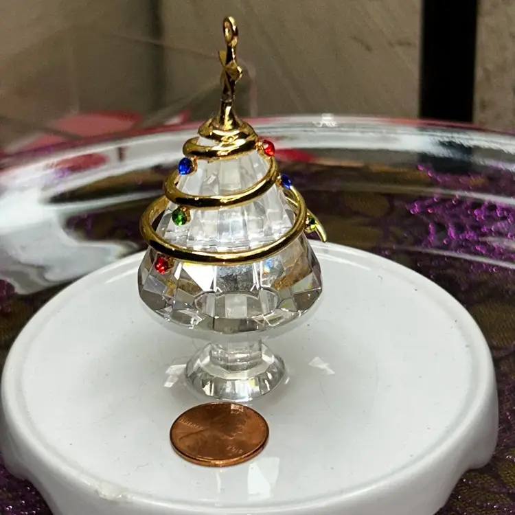 Vintage Handcrafted Lead Crystal Christmas Tree Ornament With 24K Gold  With Red, Blue, And Green Colored Crystal Accents
