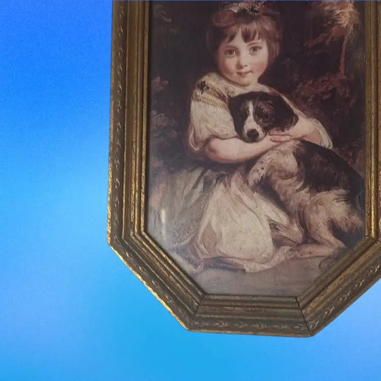 Vintage Gold Framed  "Miss Jane Bowles and Puppy" Artist Joshua Reynolds Italy. 13”x9”