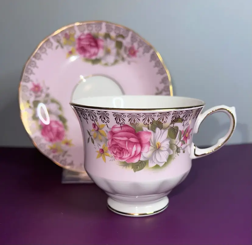 Vintage 50’s Queen Anne 8558 Pink Rose Cup And  Saucer Cottagecore