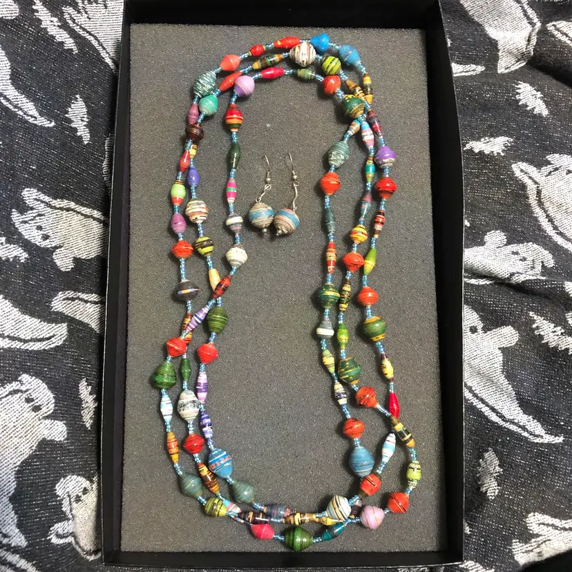 Vintage Recycled Hand-Crafted Colorful Rolled Paper Necklace and Earring Set